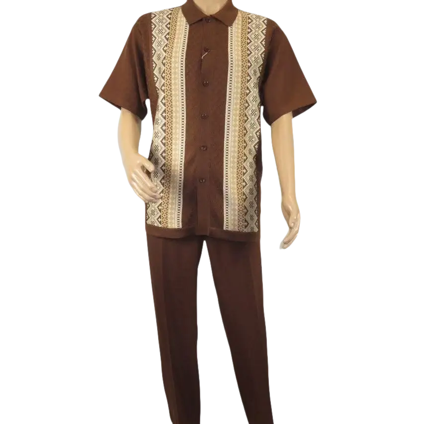 Men Silversilk 2pc Walking Leisure Matching Suit Italian Woven Knits 71003 Brown - J.Valintin Men's Wear Legend - 71003 - Brown - M