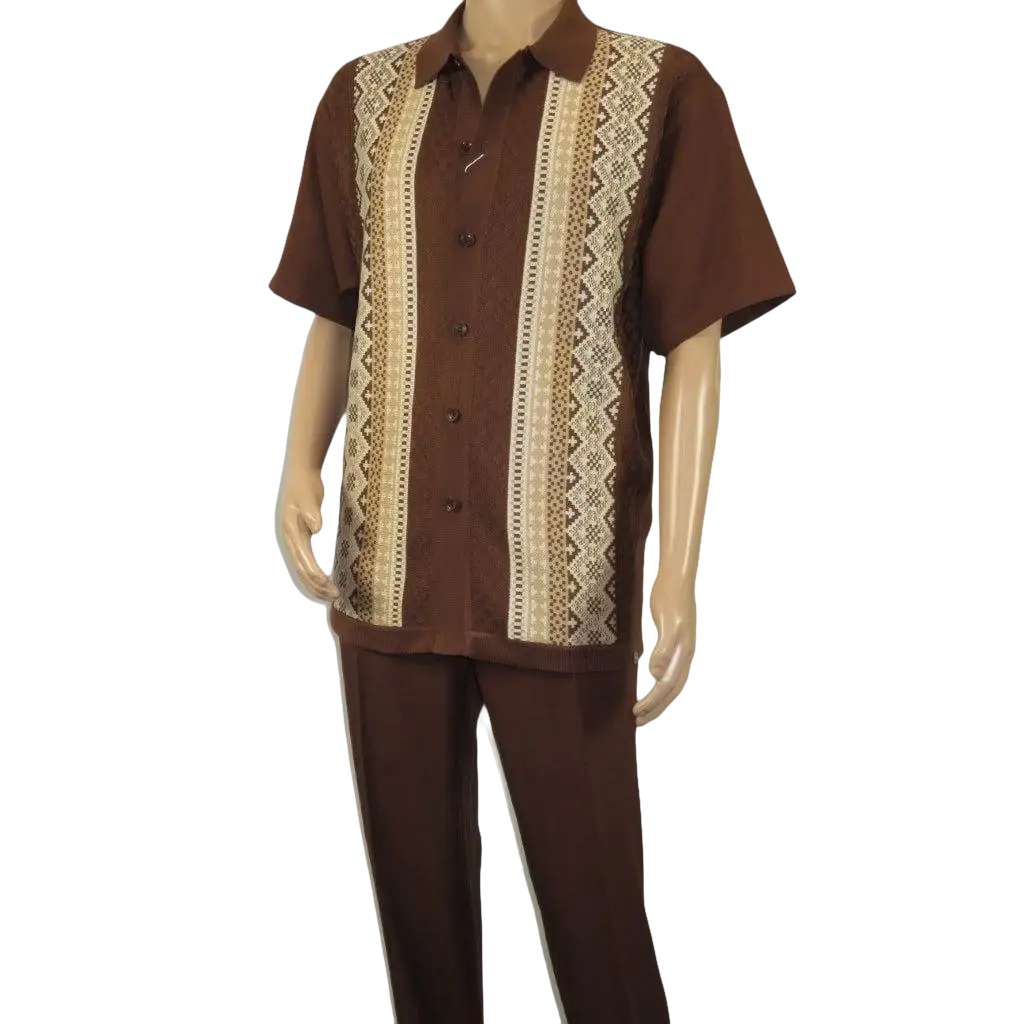Men Silversilk 2pc Walking Leisure Matching Suit Italian Woven Knits 71003 Brown - J.Valintin Men's Wear Legend - 71003 - Brown - M