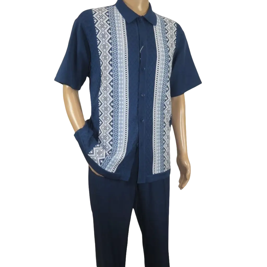 Men Silversilk 2pc Walking Leisure Matching Suit Italian Woven Knits 71003 Navy - J.Valintin Men's Wear Legend - 71003 - Navy - M