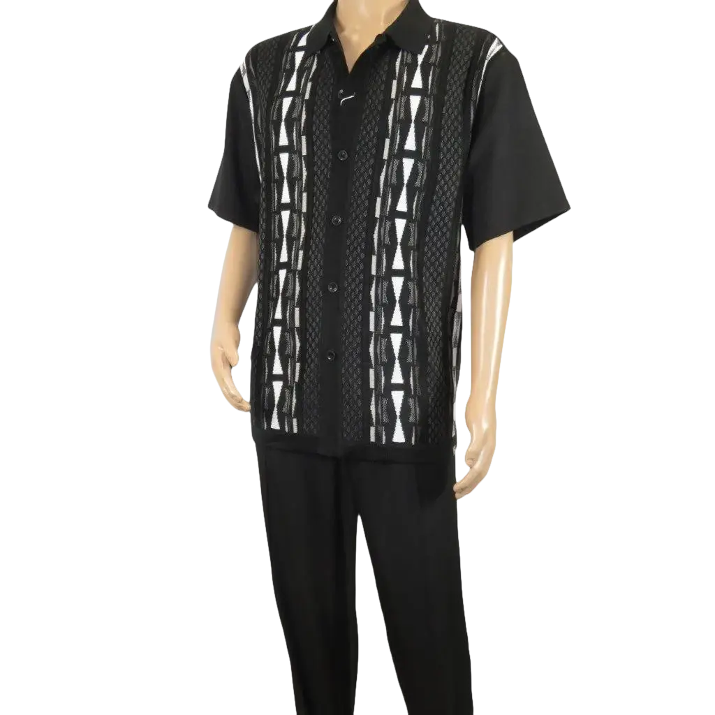 Men Silversilk 2pc Walking Leisure Matching Suit Italian Woven Knits 71032 Black - J.Valintin Men's Wear Legend - 71032 - Black - M