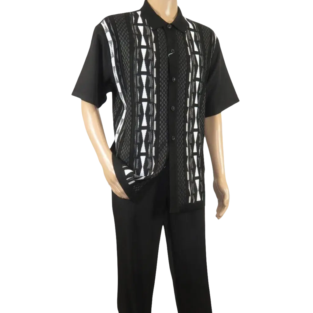 Men Silversilk 2pc Walking Leisure Matching Suit Italian Woven Knits 71032 Black - J.Valintin Men's Wear Legend - 71032 - Black - M