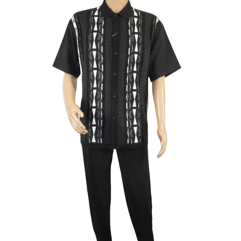 Men Silversilk 2pc Walking Leisure Matching Suit Italian Woven Knits 71032 Black - J.Valintin Men's Wear Legend - 71032 - Black - M