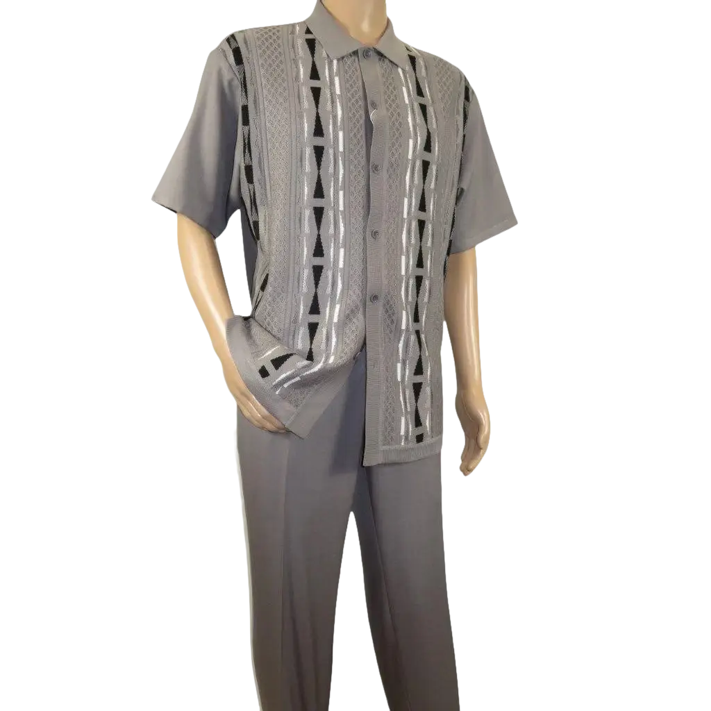 Men Silversilk 2pc Walking Leisure Matching Suit Italian Woven Knits 71032 Gray - J.Valintin Men's Wear Legend - 71032 - Gray - M