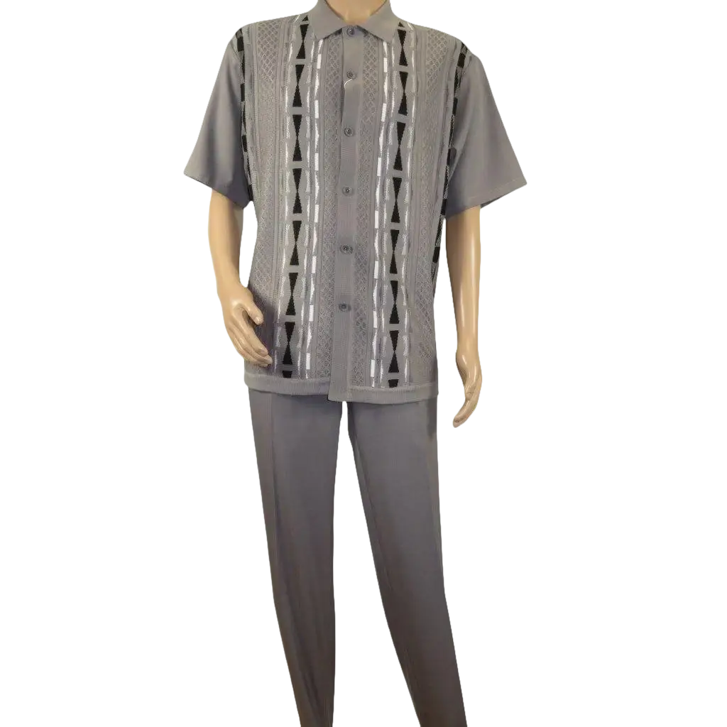 Men Silversilk 2pc Walking Leisure Matching Suit Italian Woven Knits 71032 Gray - J.Valintin Men's Wear Legend - 71032 - Gray - M