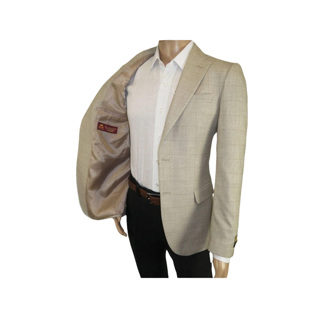 Men Sport Coat by Berlusconi Turkey Soft European Plaid #AT77 04 Tan Brown Linen - J.Valintin Men's Wear Legend - 98927