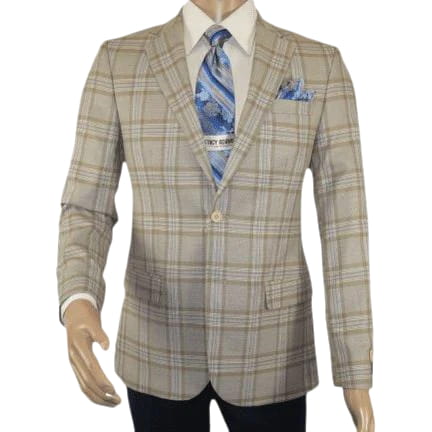 Men Sport Coat by Berlusconi Turkey Soft European Plaid #MK80 04 Beige Blue - J.Valintin Men's Wear Legend - 98976