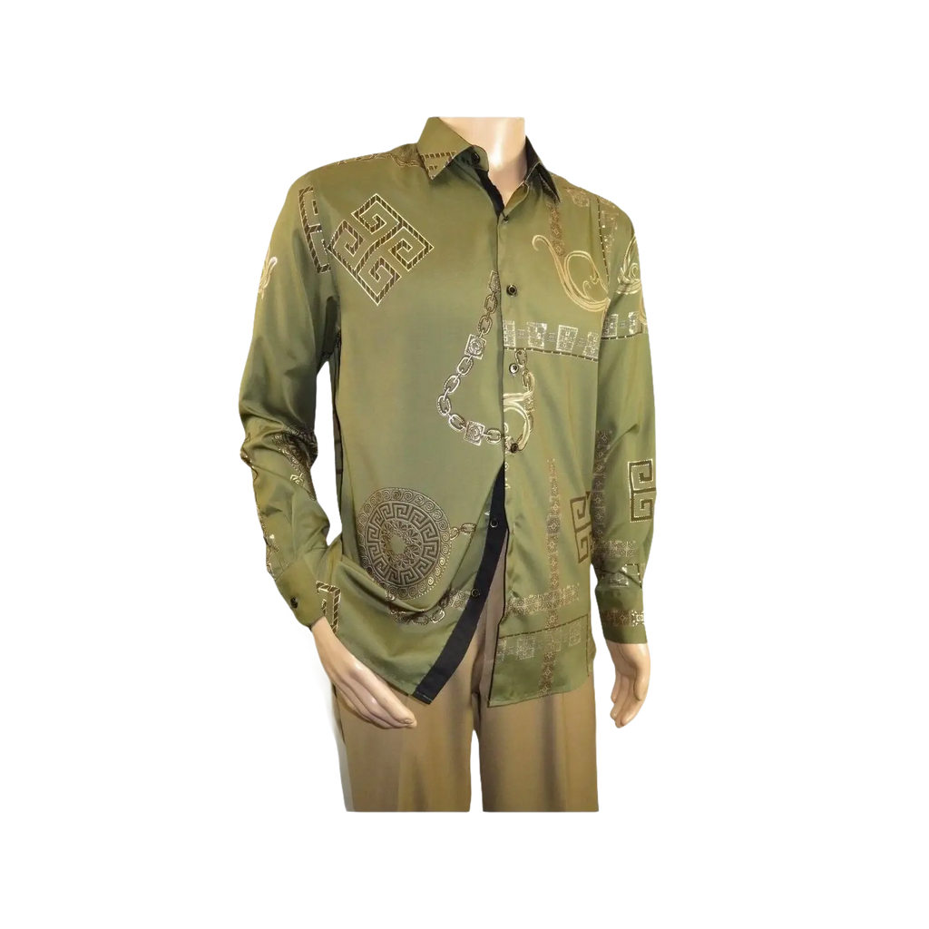 Men Sports Shirt by DE - NIKO Long Sleeves Fashion Print Soft Modal 2F008 Olive - J.Valintin Men's Wear Legend - 99359