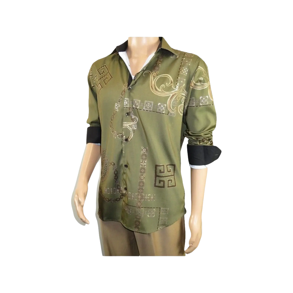 Men Sports Shirt by DE - NIKO Long Sleeves Fashion Print Soft Modal 2F008 Olive - J.Valintin Men's Wear Legend - 99359