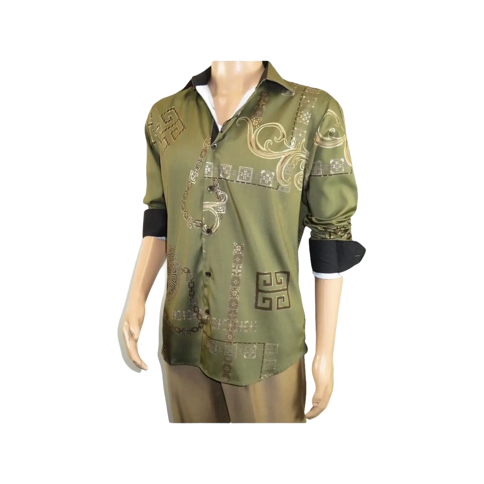 Men Sports Shirt by DE - NIKO Long Sleeves Fashion Print Soft Modal 2F008 Olive - J.Valintin Men's Wear Legend - 99359