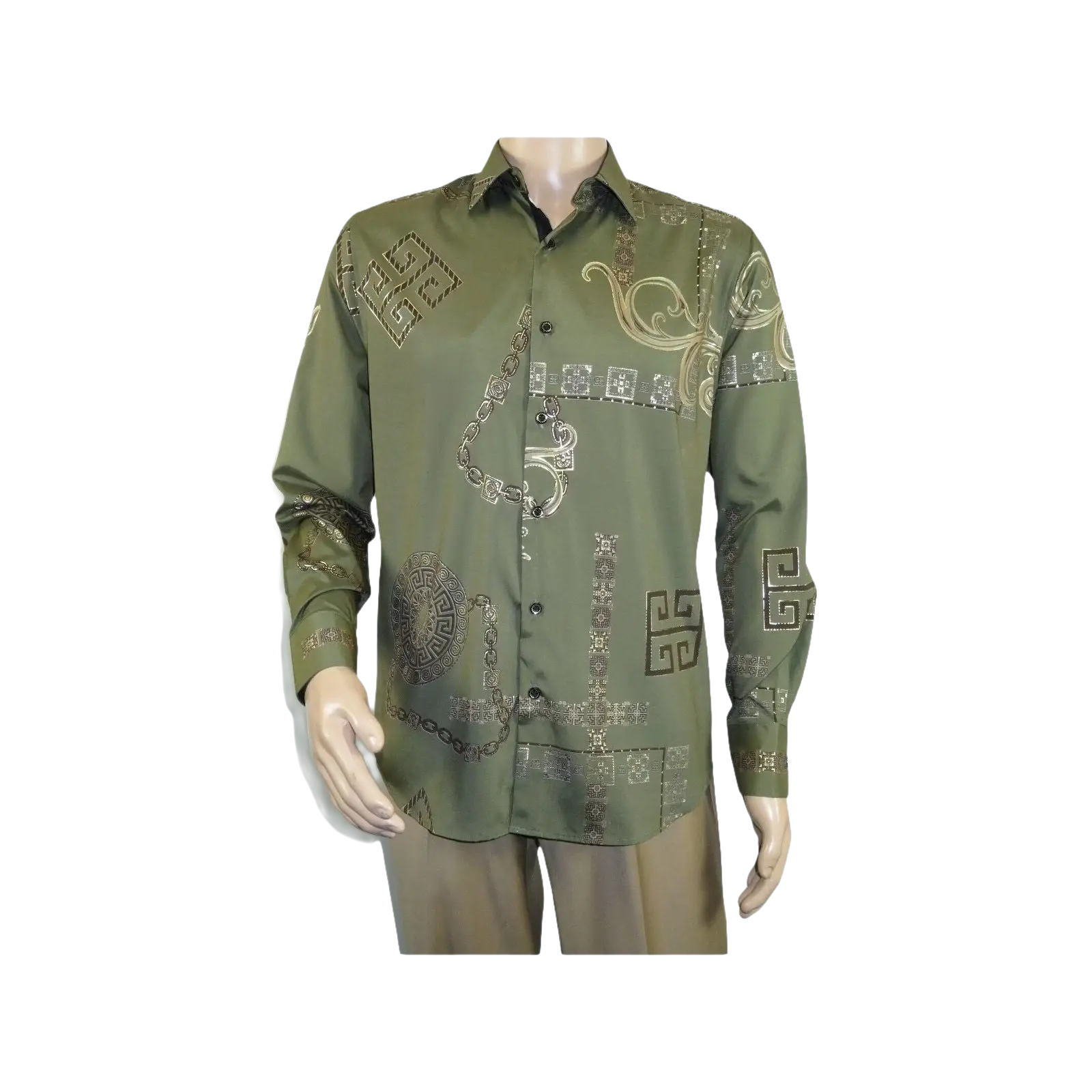 Men Sports Shirt by DE - NIKO Long Sleeves Fashion Print Soft Modal 2F008 Olive - J.Valintin Men's Wear Legend - 99359