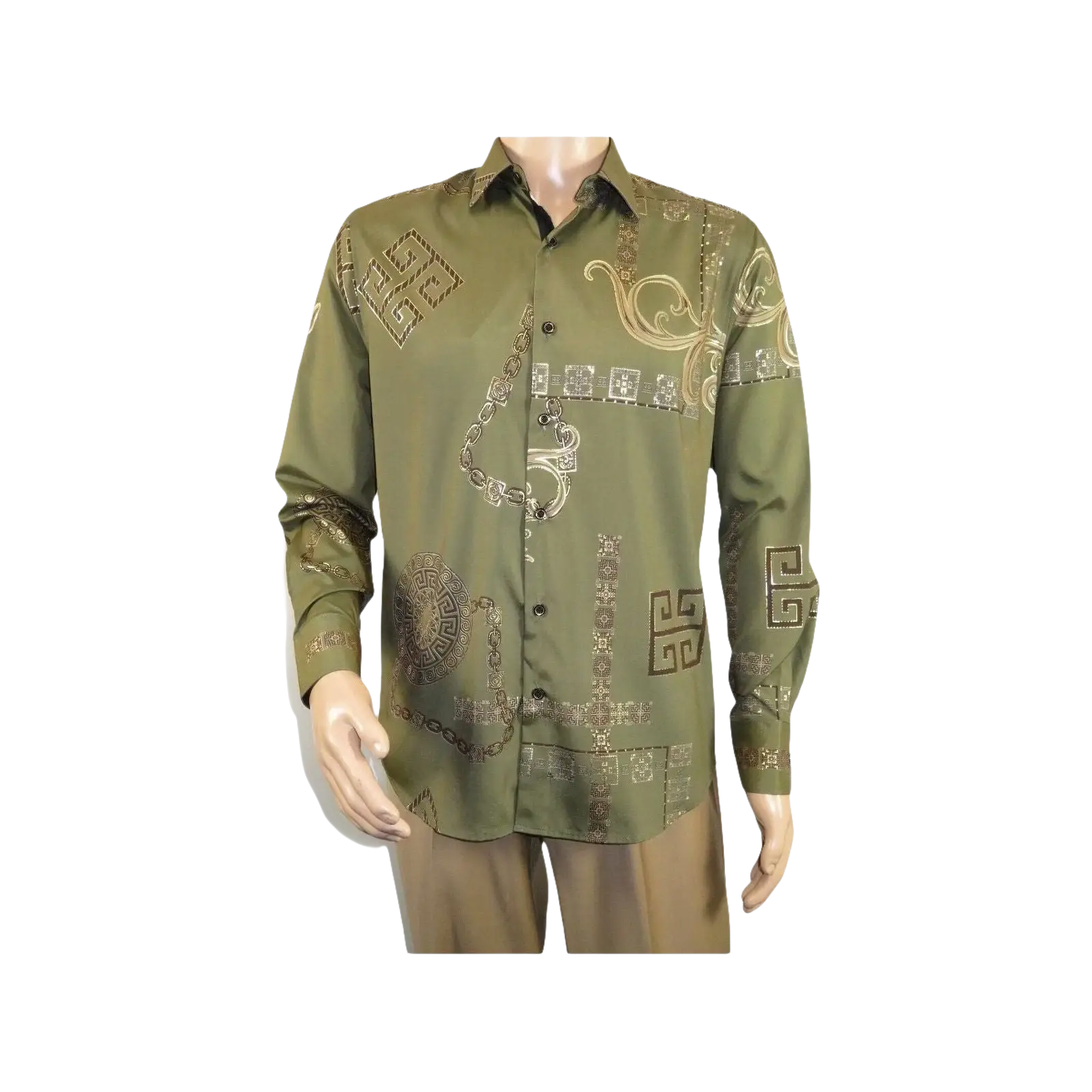 Men Sports Shirt by DE - NIKO Long Sleeves Fashion Print Soft Modal 2F008 Olive - J.Valintin Men's Wear Legend - 99359