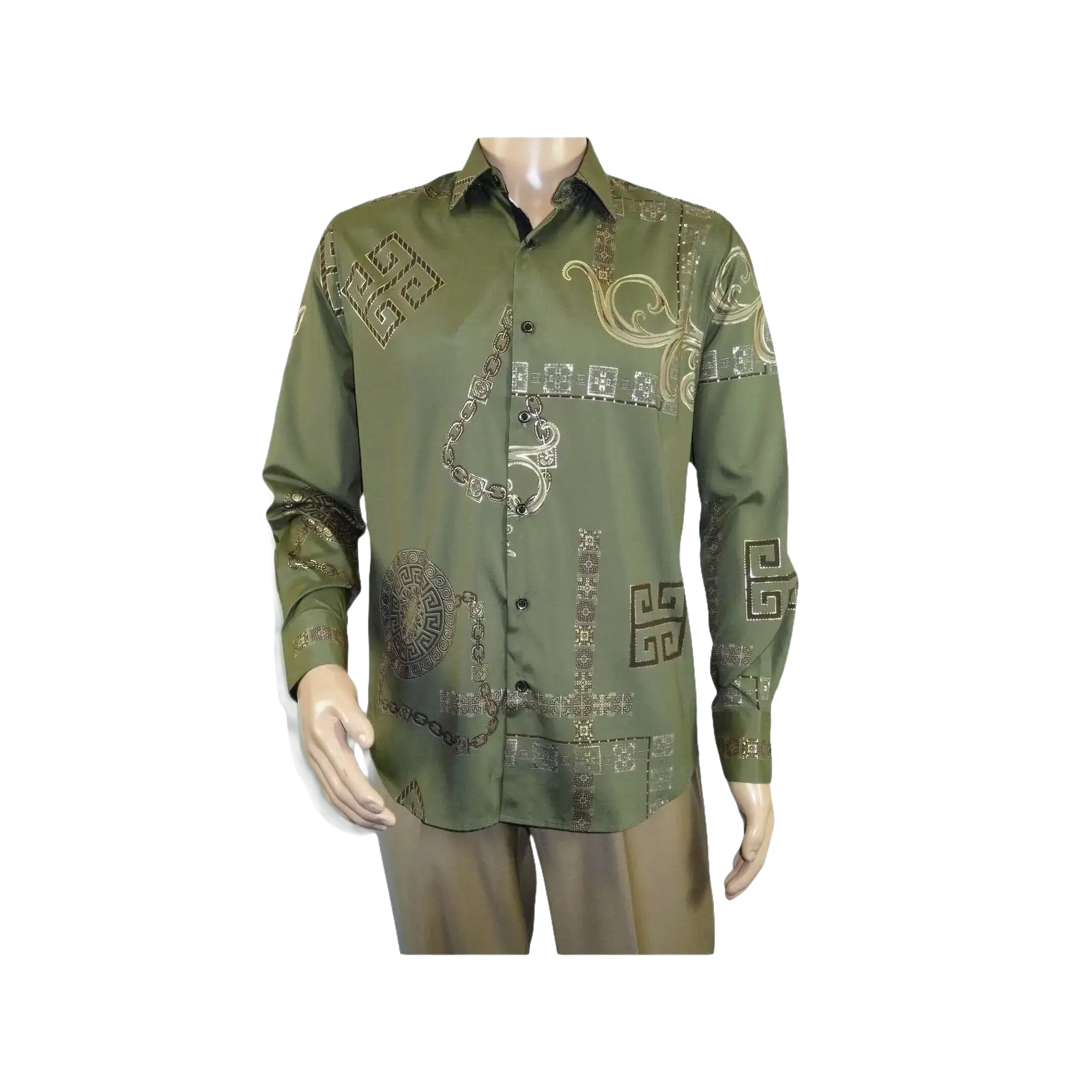 Men Sports Shirt by DE - NIKO Long Sleeves Fashion Print Soft Modal 2F008 Olive - J.Valintin Men's Wear Legend - 99359