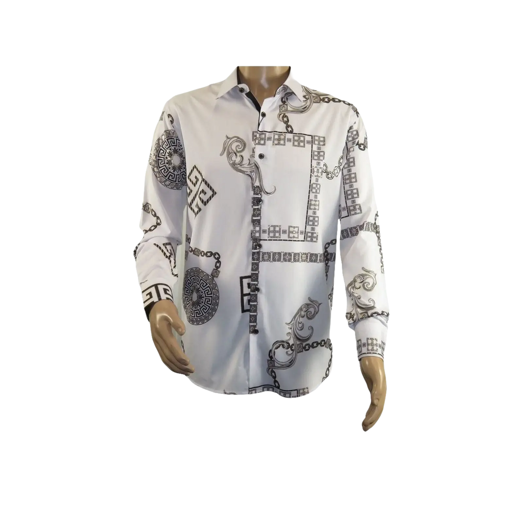 Men Sports Shirt by DE - NIKO Long Sleeves Fashion Print Soft Modal 2F008 White - J.Valintin Men's Wear Legend - 99365