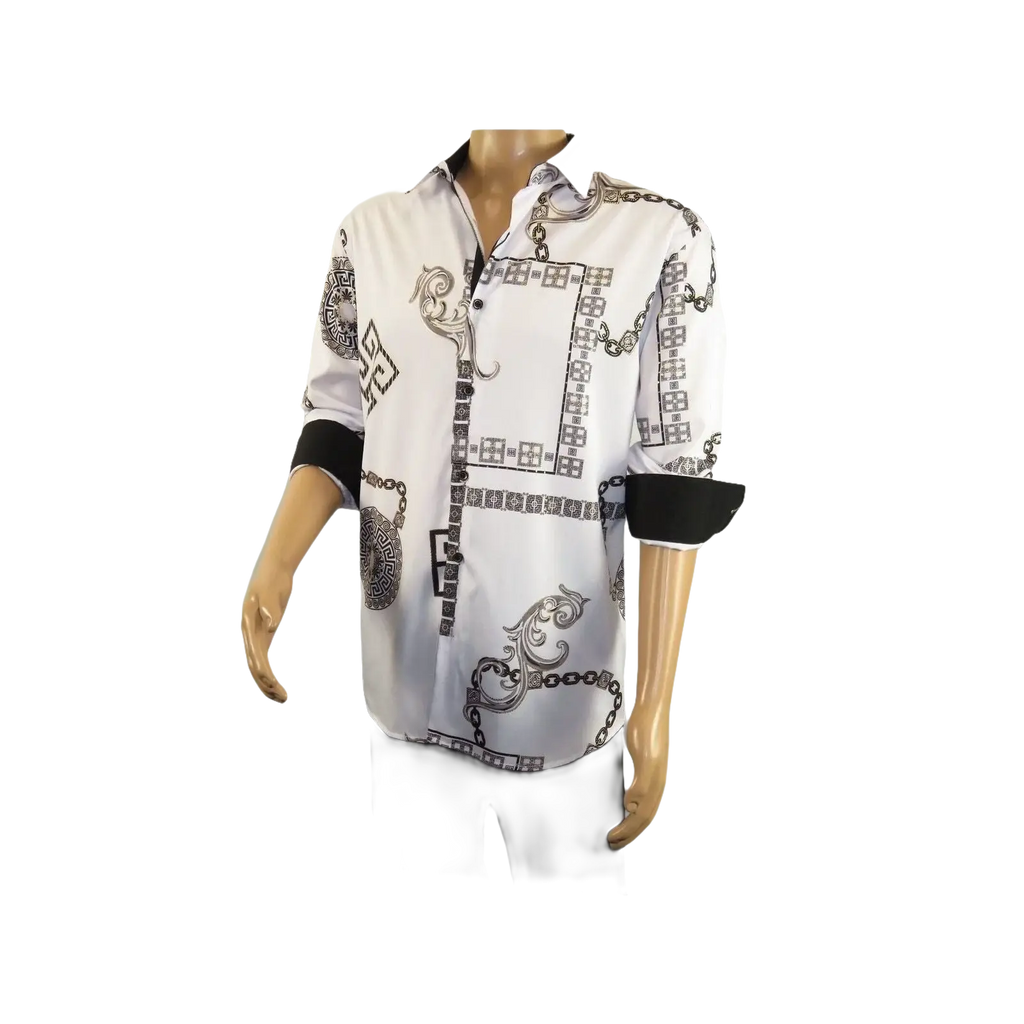 Men Sports Shirt by DE - NIKO Long Sleeves Fashion Print Soft Modal 2F008 White - J.Valintin Men's Wear Legend - 99365