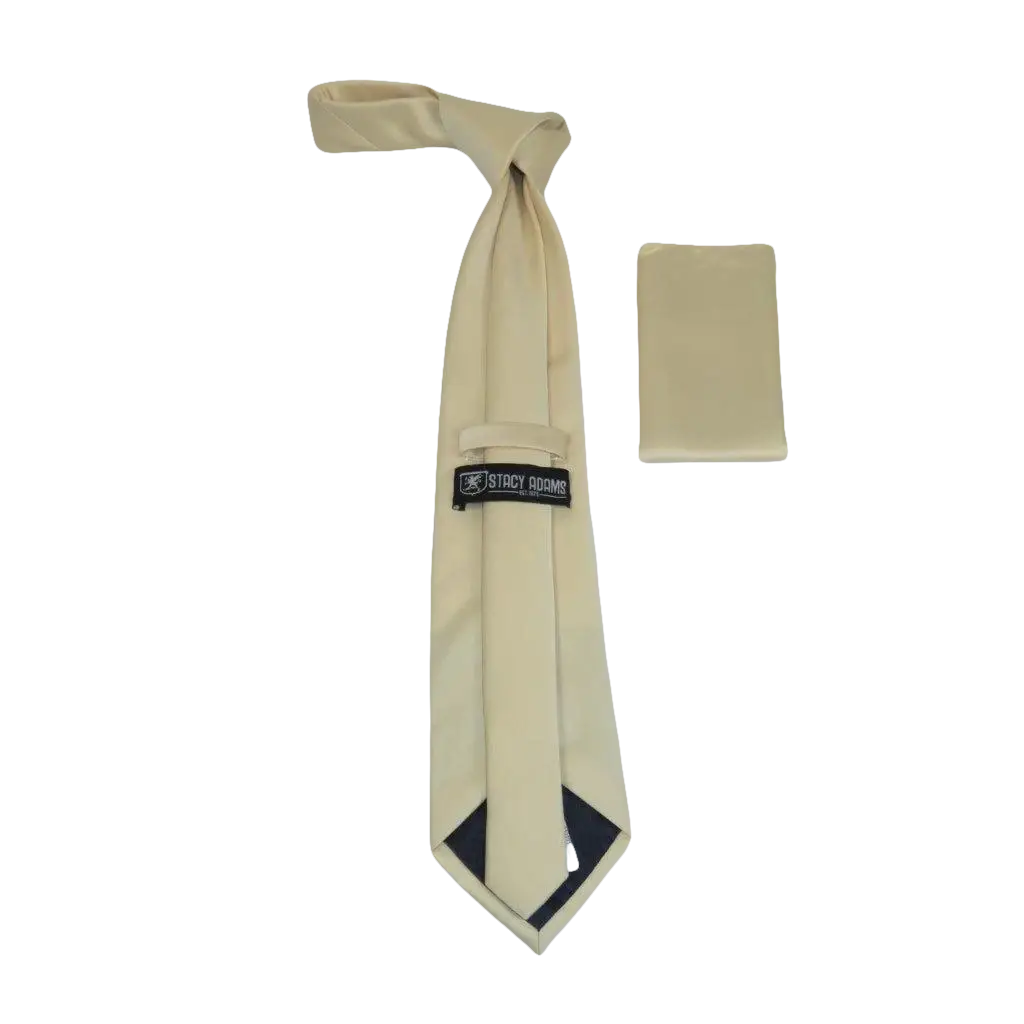 Men Stacy Adams Neck tie Hanky Set Business Formal Solid Color Satin S13 Beige - J.Valintin Men's Wear Legend - 24789