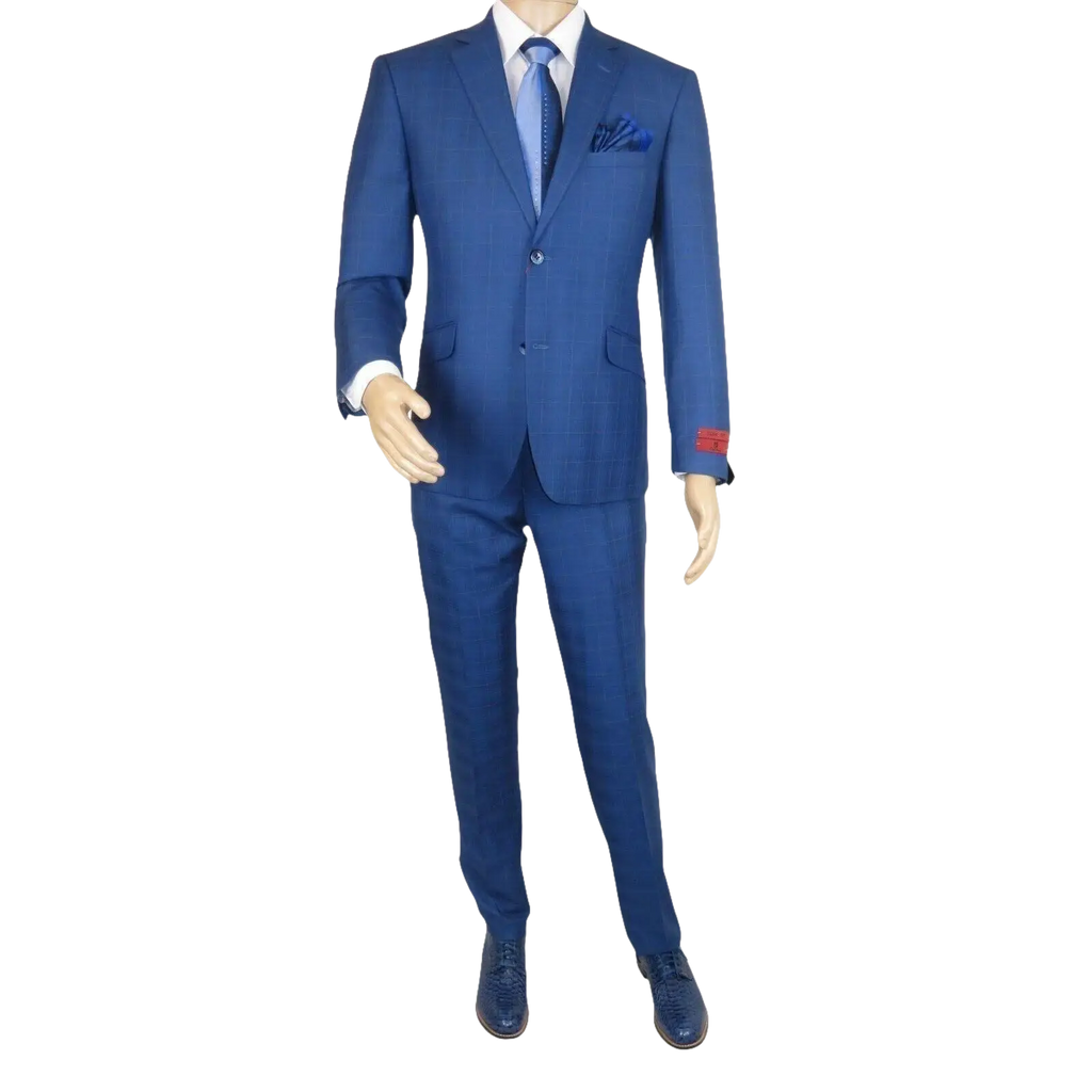 Men Suit By Renoir Window pane English Plaid Slim Fit Side Vents Fit 291 - 20 Blue - J.Valintin Men's Wear Legend - 93914