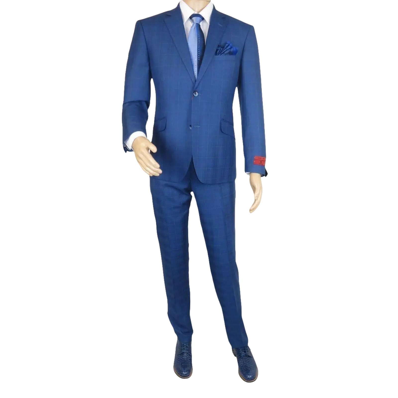 Men Suit By Renoir Window pane English Plaid Slim Fit Side Vents Fit 291 - 20 Blue - J.Valintin Men's Wear Legend - 93914