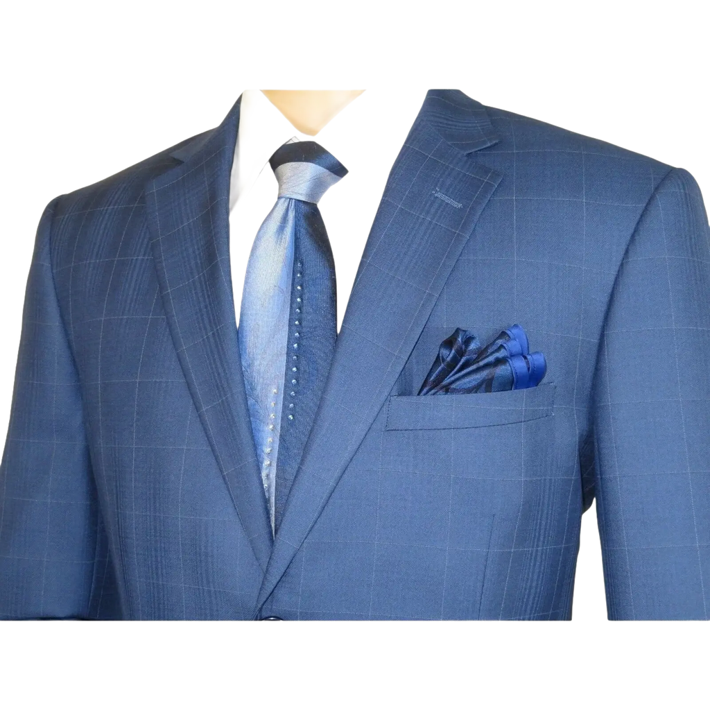 Men Suit By Renoir Window pane English Plaid Slim Fit Side Vents Fit 291 - 20 Blue - J.Valintin Men's Wear Legend - 93914