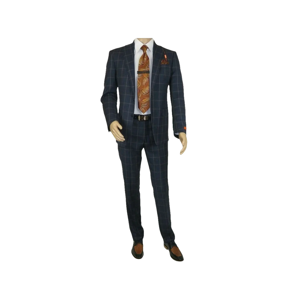 Men TALLIA Suit Wool Blend English Plaid Classic 2Button VDVA2SVX0013 Blue Brown - J.Valintin Men's Wear Legend - 16150