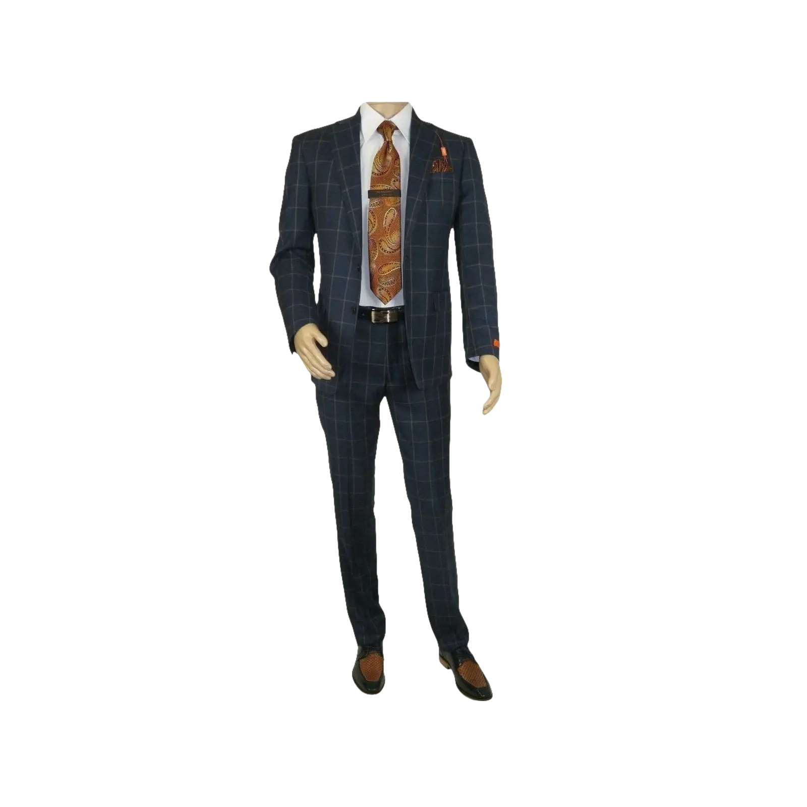 Men TALLIA Suit Wool Blend English Plaid Classic 2Button VDVA2SVX0013 Blue Brown - J.Valintin Men's Wear Legend - 16150