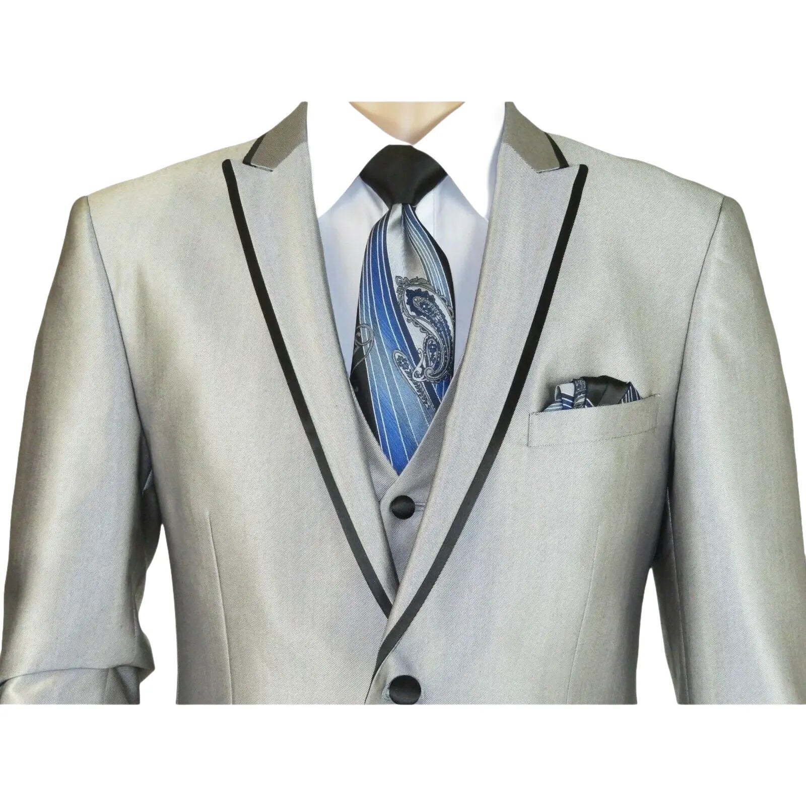 Men Tuxedo Formal Suit ROYAL DIAMOND Slim Fit 3Pc Vested shiny Satin SL82 Silver - J.Valintin Men's Wear Legend - 8150