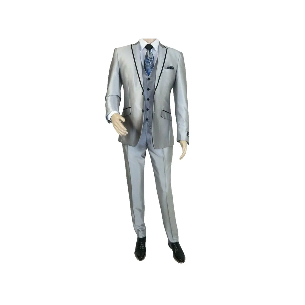 Men Tuxedo Formal Suit ROYAL DIAMOND Slim Fit 3Pc Vested shiny Satin SL82 Silver - J.Valintin Men's Wear Legend - 8150