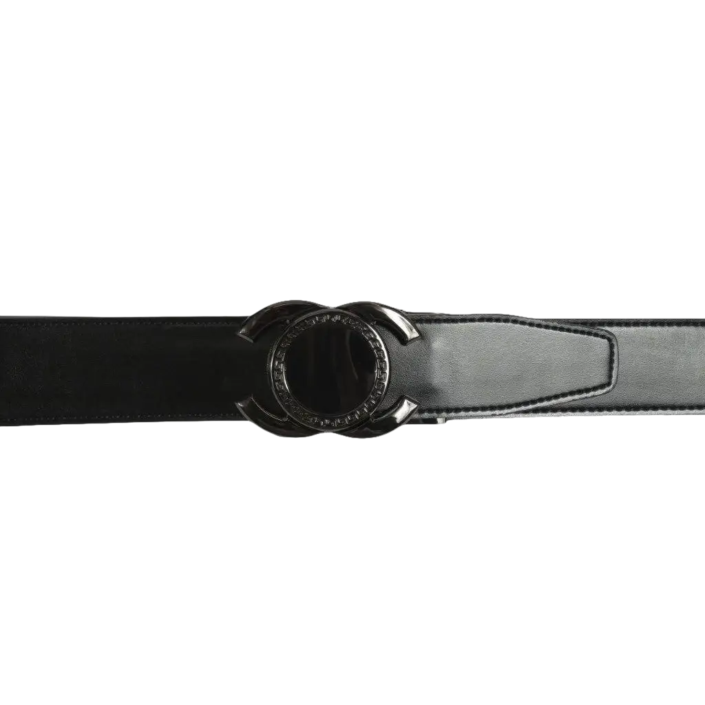 Men VALENTINI Leather Track Belt Medallion Fancy Designer V533 - B Black - J.Valintin Men's Wear Legend - V533 - B - black