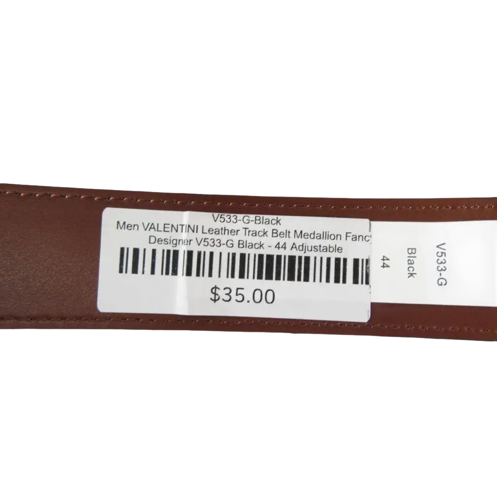Men VALENTINI Leather Track Belt Medallion Fancy Designer V533 - G Black - J.Valintin Men's Wear Legend - V533 - G - Black