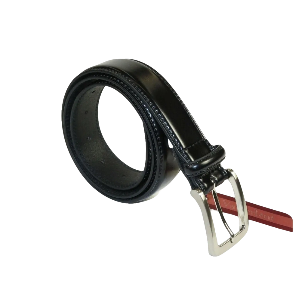 Men VALENTINI Stitched Leather Belt Classic Pin Buckle Business Dress V711 Black - J.Valintin Men's Wear Legend - 92140