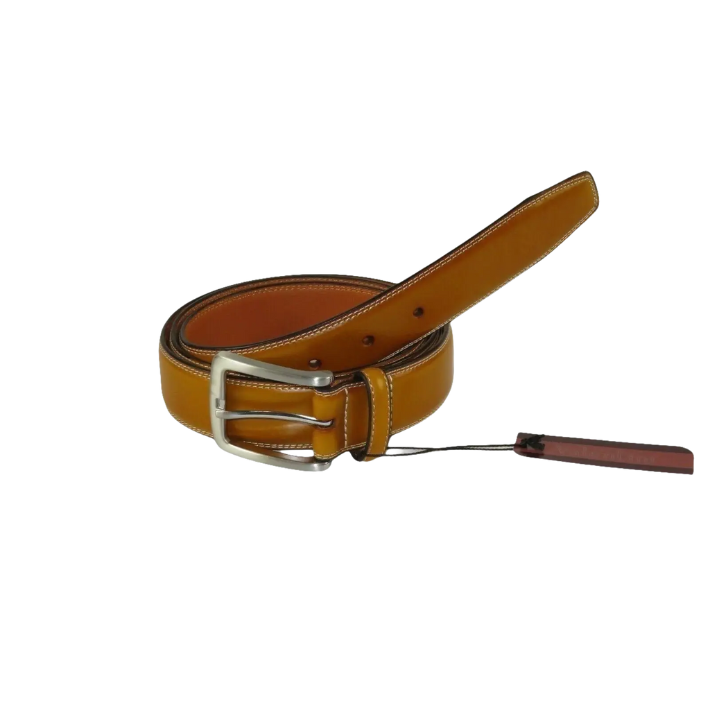 Men VALENTINI Stitched Leather Belt Classic Pin Buckle Business Dress V711 Tan - J.Valintin Men's Wear Legend - 18925