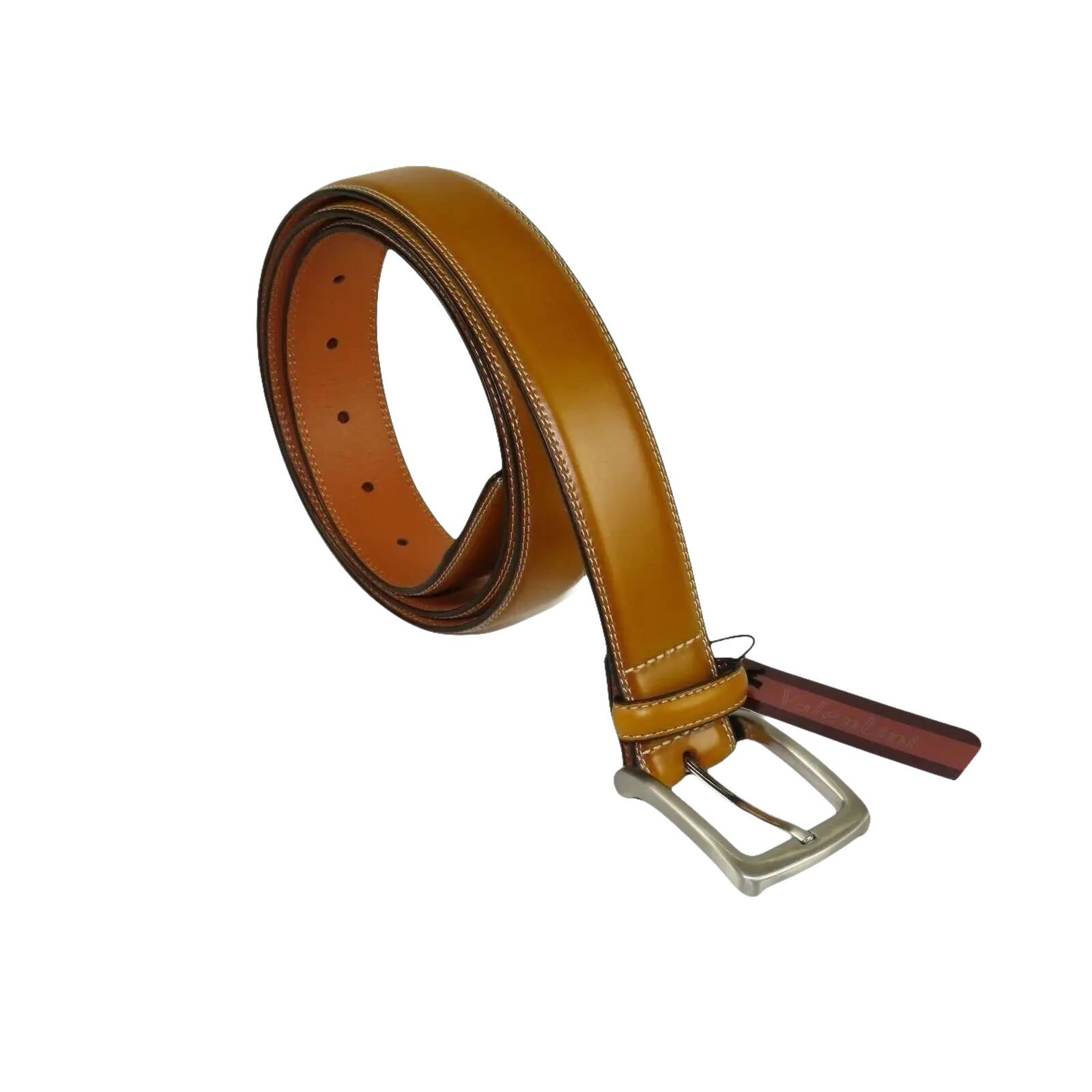 Men VALENTINI Stitched Leather Belt Classic Pin Buckle Business Dress V711 Tan - J.Valintin Men's Wear Legend - 18925