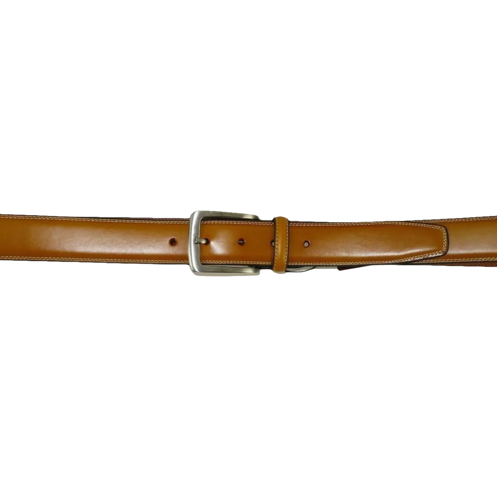 Men VALENTINI Stitched Leather Belt Classic Pin Buckle Business Dress V711 Tan - J.Valintin Men's Wear Legend - 18925