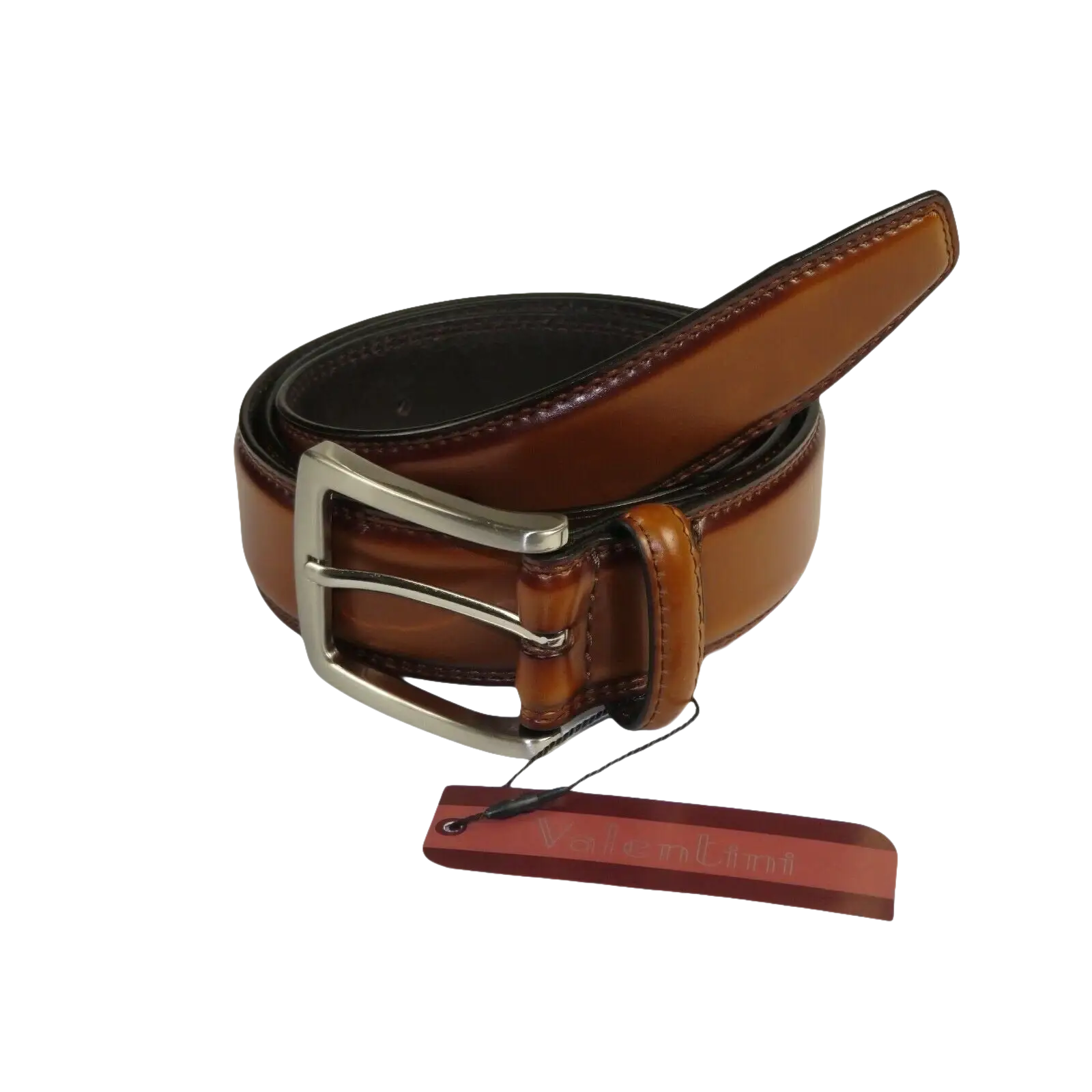 Men VALENTINI Stitched Leather Dress Belt Classic Pin Buckle V711 Cognac - J.Valintin Men's Wear Legend - 92136