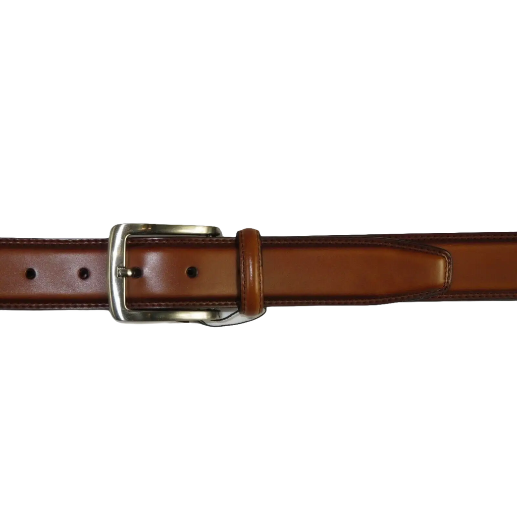 Men VALENTINI Stitched Leather Dress Belt Classic Pin Buckle V711 Cognac - J.Valintin Men's Wear Legend - 92136