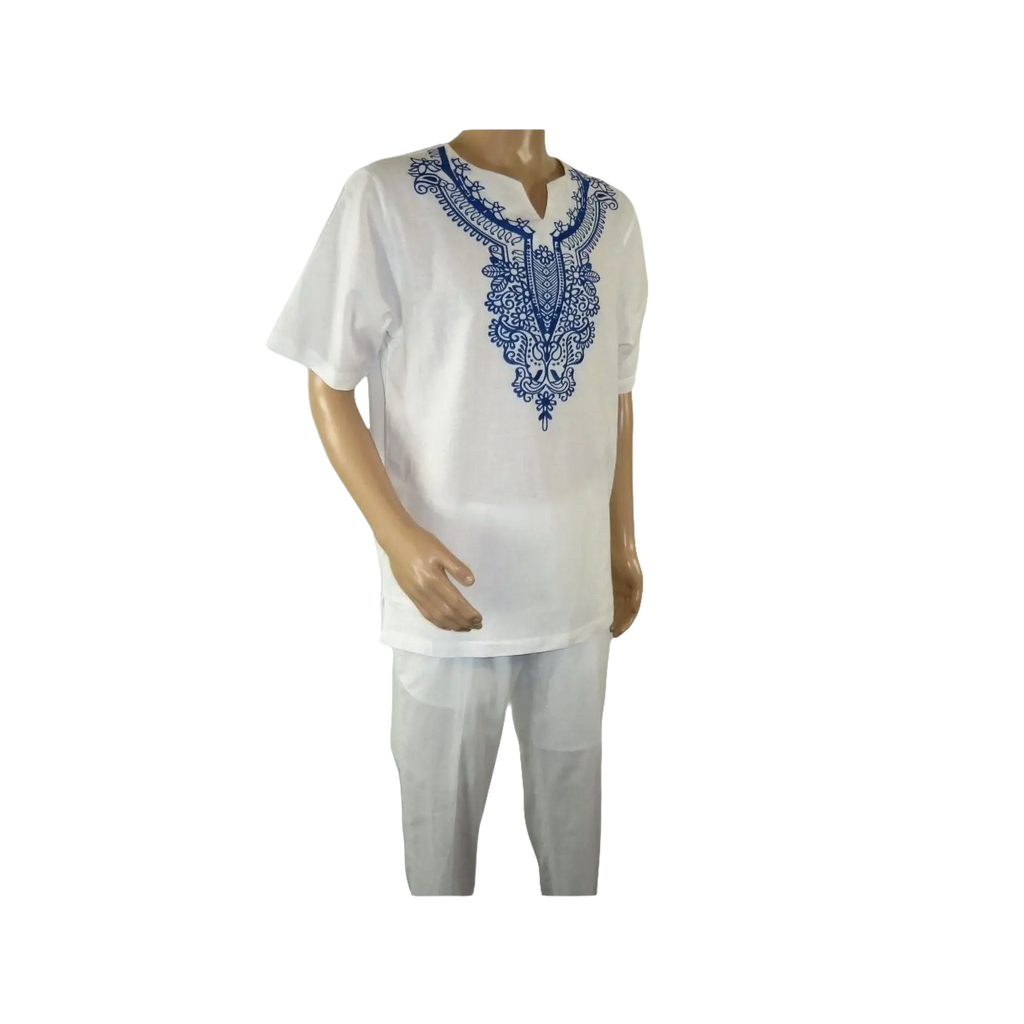 Mens 2pc Stacy Adams leisure suit Linen Cotton With Embroidery 3670 White Blue - J.Valintin Men's Wear Legend - 95936