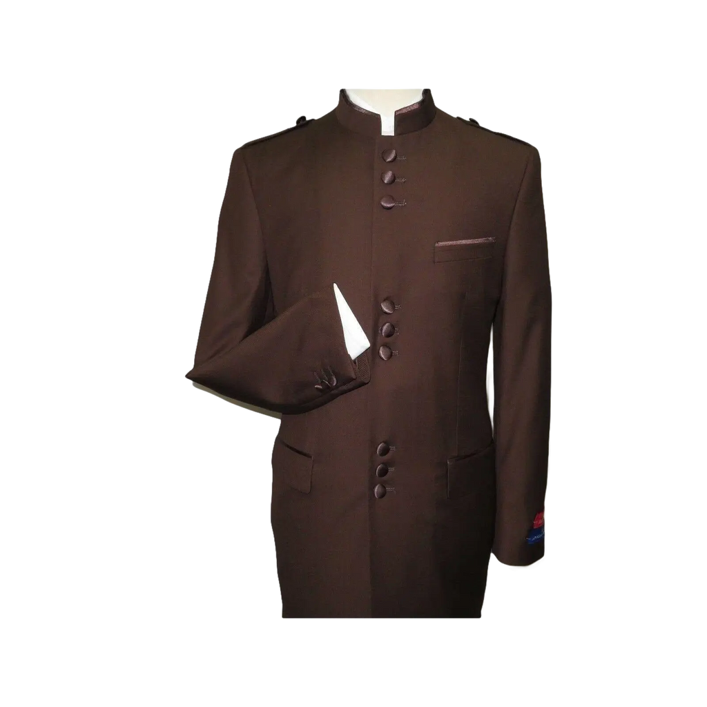 Mens Apollo King Banded Collarless suit Chinese Mandarin Wide leg AG94 Brown - J.Valintin Men's Wear Legend - 31685