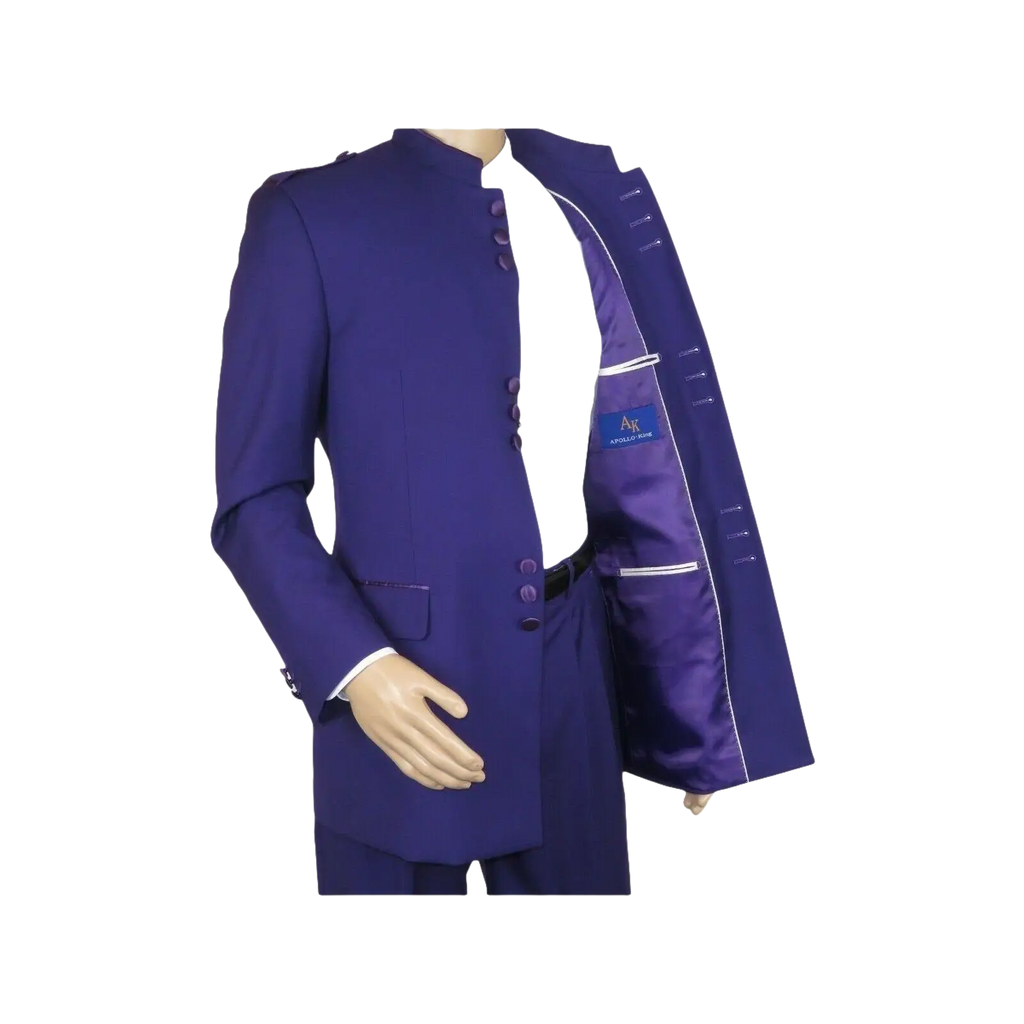 Mens Apollo King Banded Collarless suit Chinese Mandarin Wide leg AG95 Purple - J.Valintin Men's Wear Legend - 74411