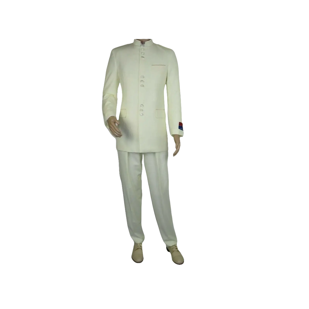 Mens Apollo King Banded Collarless suit Chinese Mandarin Wide leg AG97 Ivory - J.Valintin Men's Wear Legend - 7974