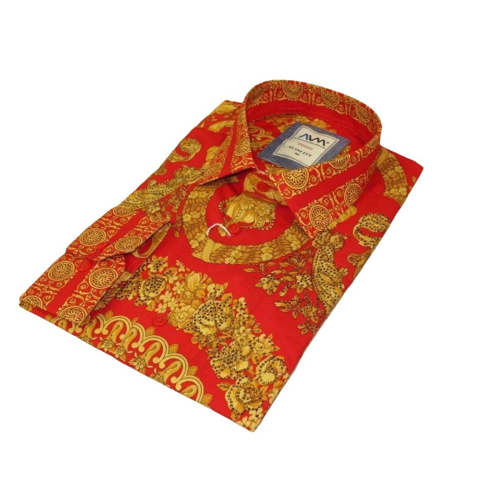 Men's AVM Crystal Shirt Medallion Medusa Cotton Turkey Slim Fit 9628 - 07 Red - J.Valintin Men's Wear Legend - 9628 - 07 Red - M