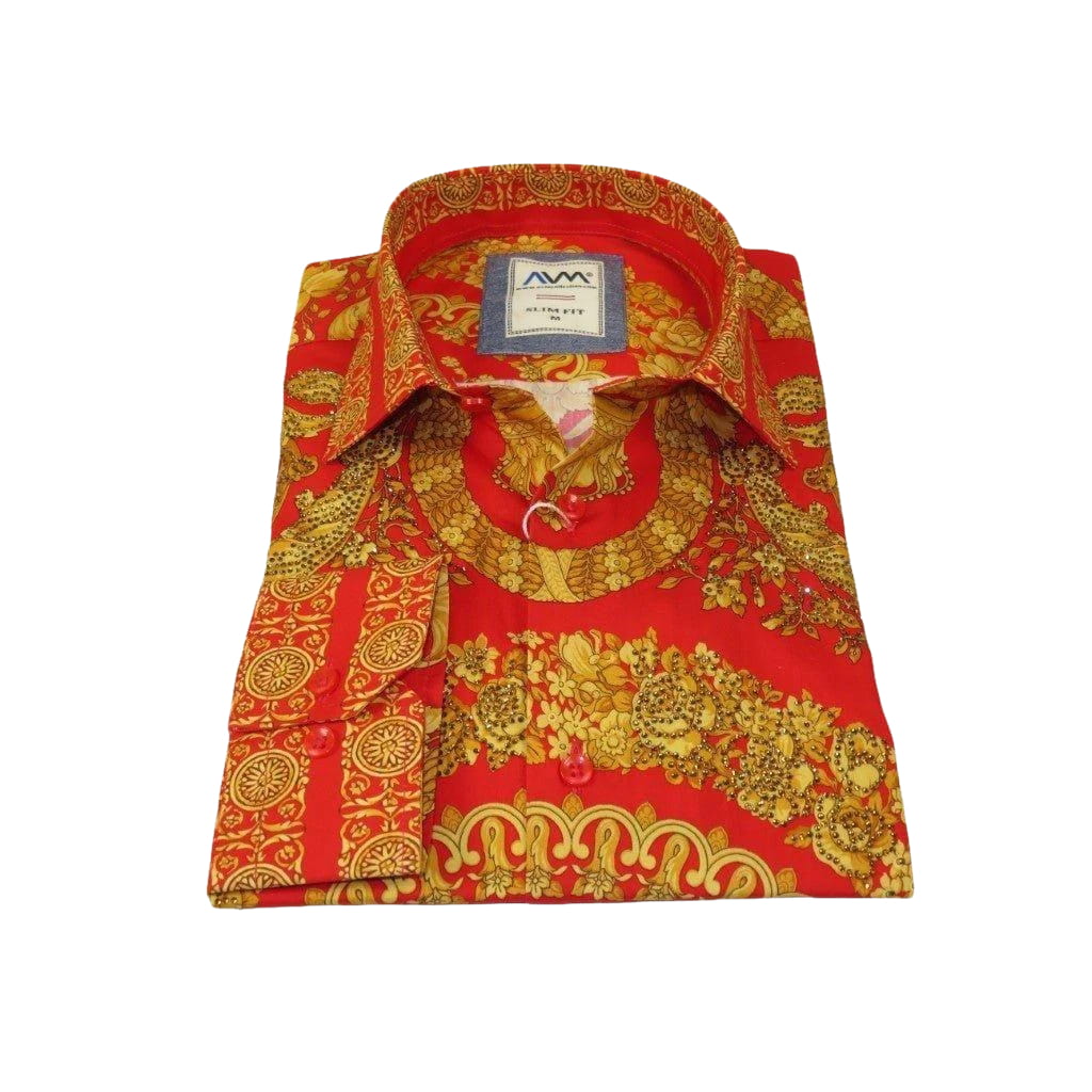 Men's AVM Crystal Shirt Medallion Medusa Cotton Turkey Slim Fit 9628 - 07 Red - J.Valintin Men's Wear Legend - 9628 - 07 Red - M