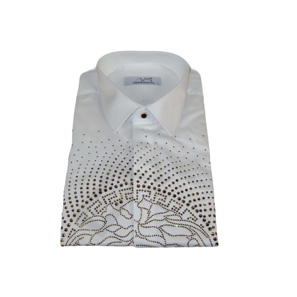Mens CEREMONIA Shirt 100% Cotton Medusa Medallion Rhine Stones #STN 13 VRS white - J.Valintin Men's Wear Legend - 97085