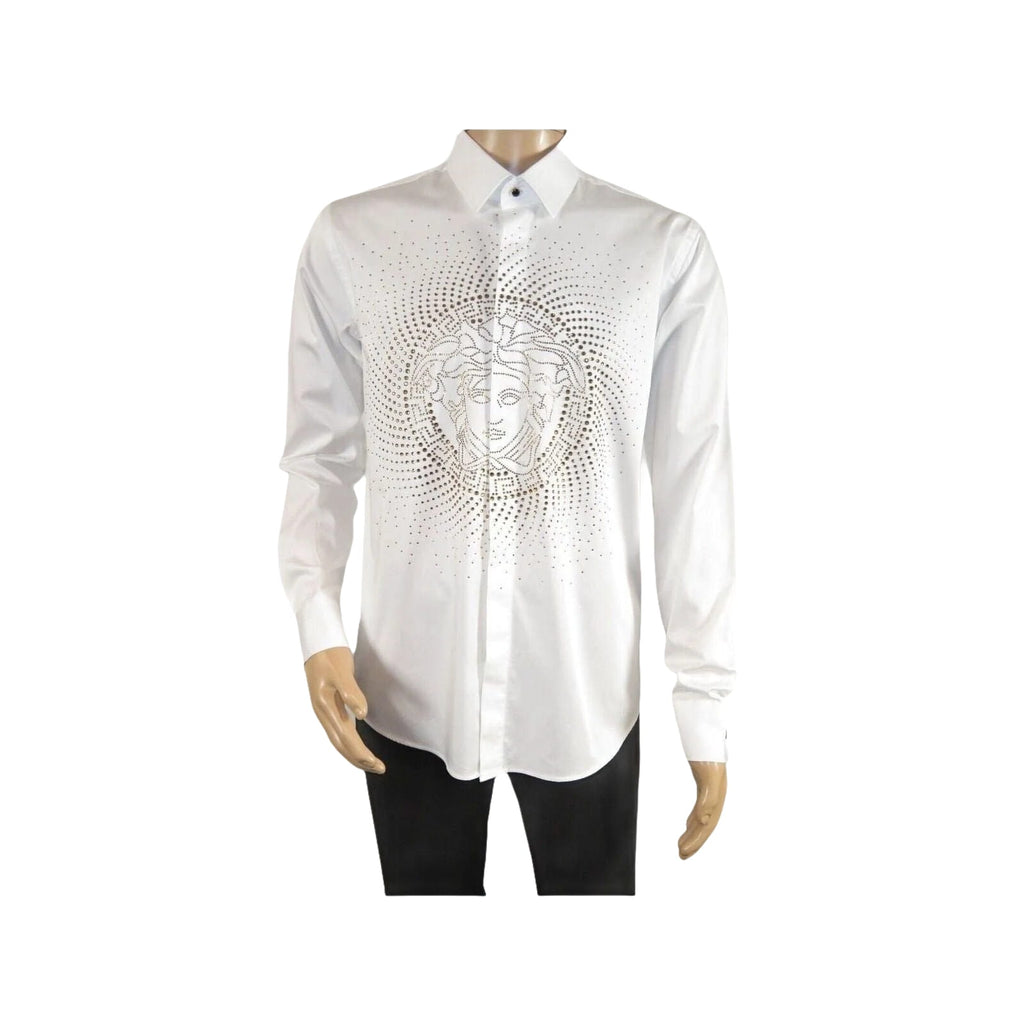 Mens CEREMONIA Shirt 100% Cotton Medusa Medallion Rhine Stones #STN 13 VRS white - J.Valintin Men's Wear Legend - 97085