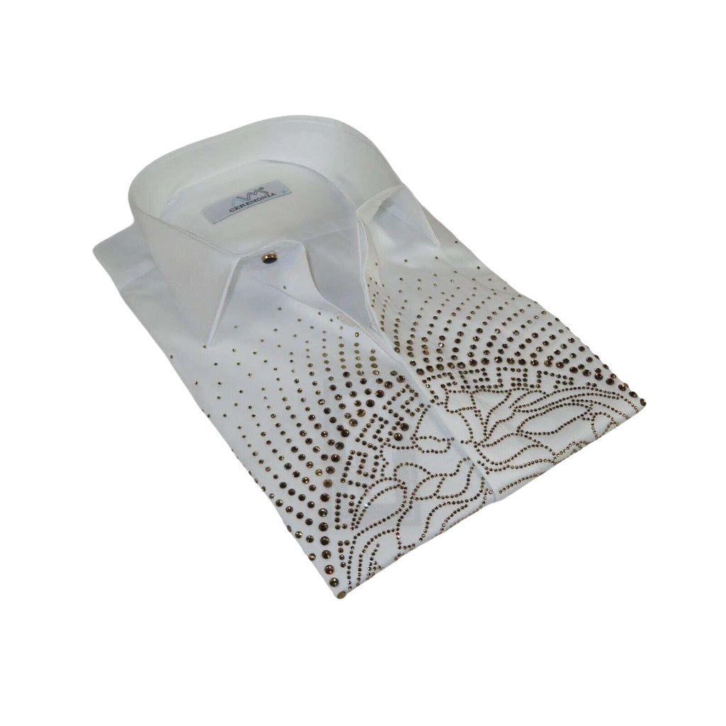 Mens CEREMONIA Shirt 100% Cotton Medusa Medallion Rhine Stones #STN 13 VRS white - J.Valintin Men's Wear Legend - 97085