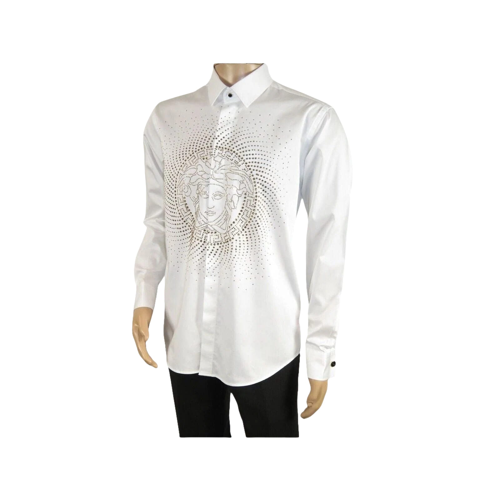 Mens CEREMONIA Shirt 100% Cotton Medusa Medallion Rhine Stones #STN 13 VRS white - J.Valintin Men's Wear Legend - 97085