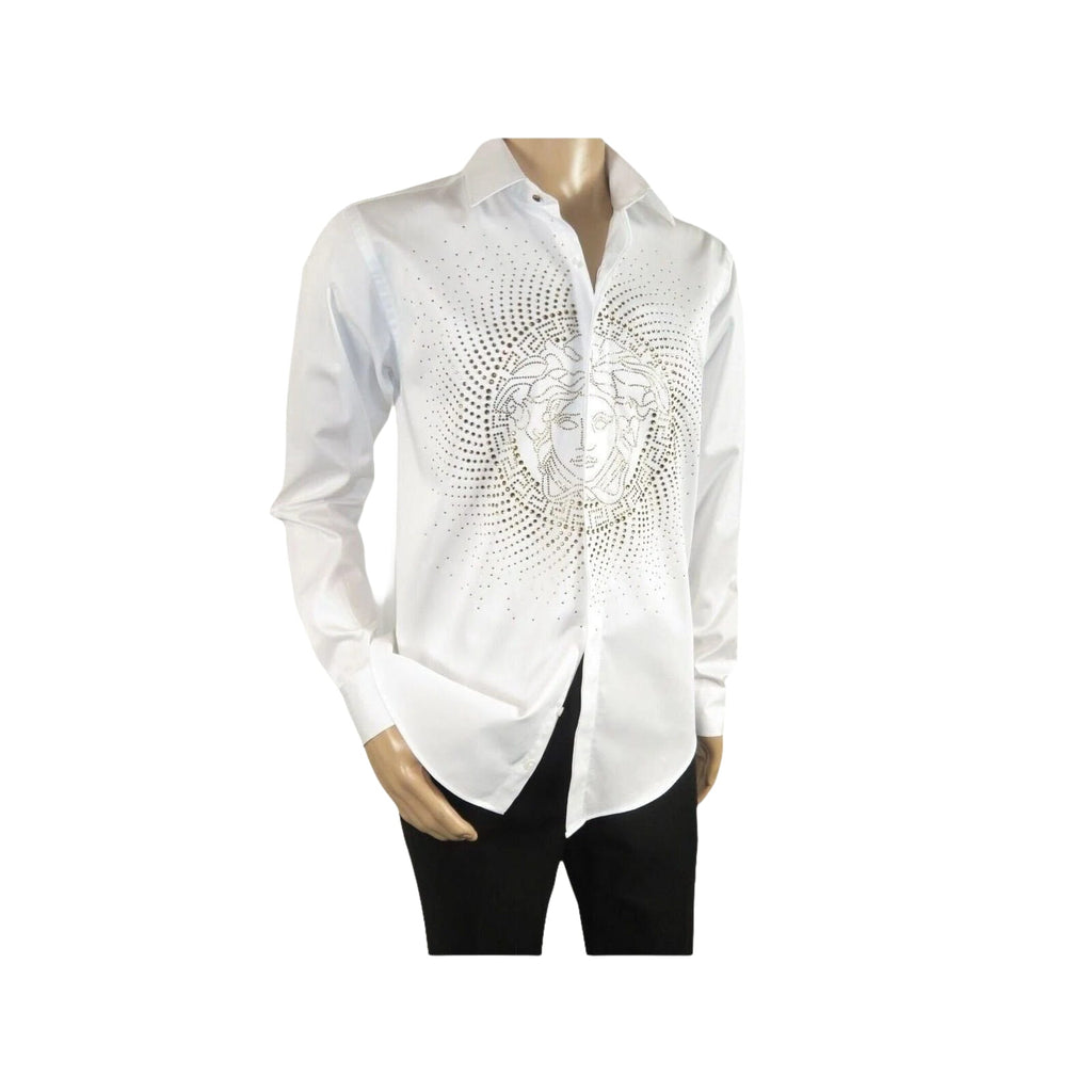 Mens CEREMONIA Shirt 100% Cotton Medusa Medallion Rhine Stones #STN 13 VRS white - J.Valintin Men's Wear Legend - 97085