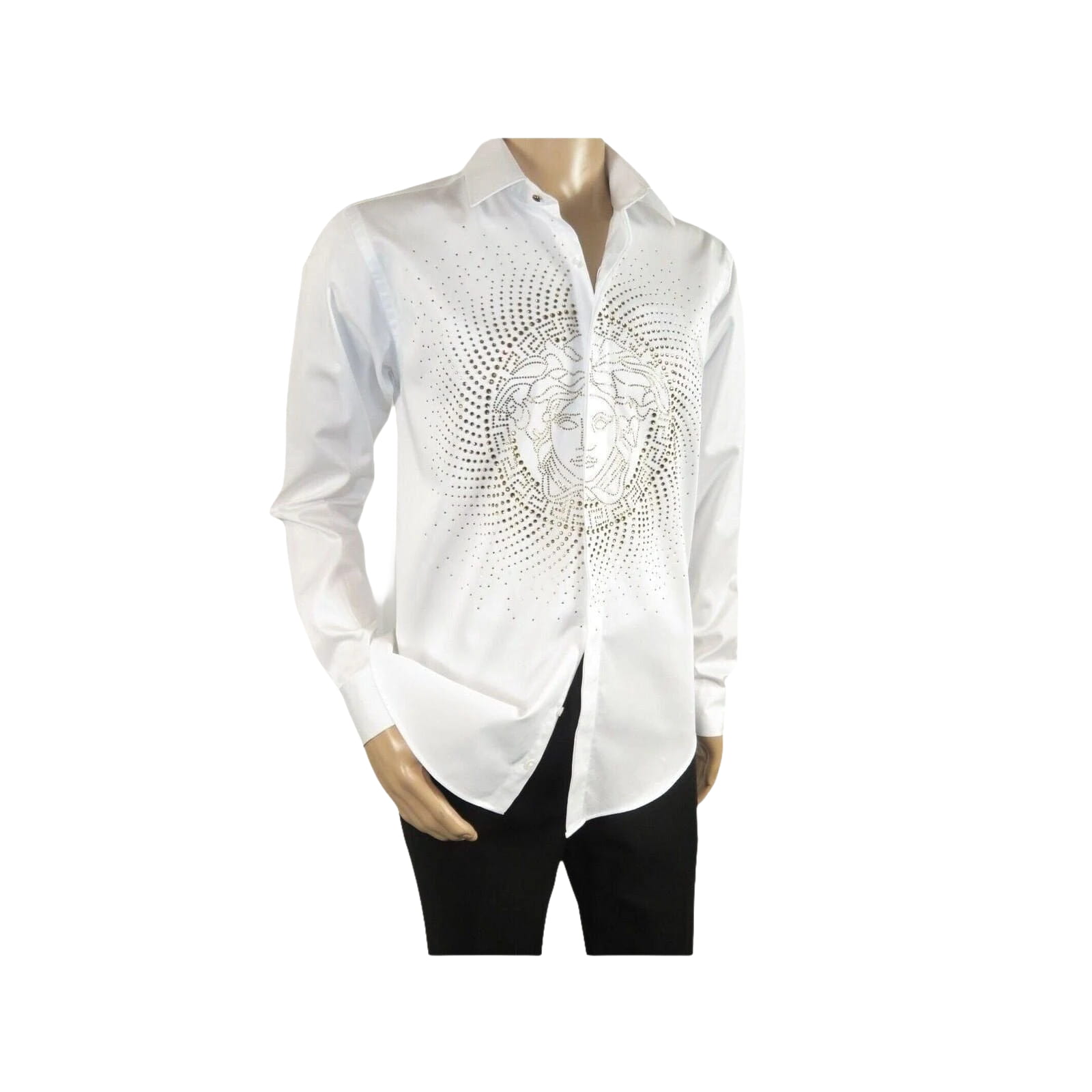 Mens CEREMONIA Shirt 100% Cotton Medusa Medallion Rhine Stones #STN 13 VRS white - J.Valintin Men's Wear Legend - 97085