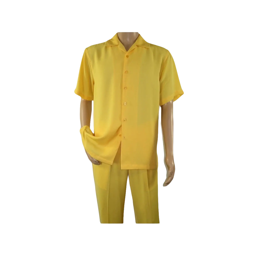 Mens INSERCH 2pc Walking Leisure Suit Shirt Pants Set Short Sleeves 9356 Banana - J.Valintin Men's Wear Legend - 94159