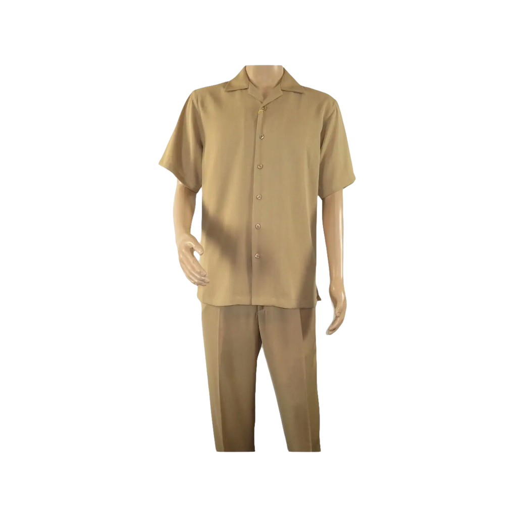Mens INSERCH 2pc Walking Leisure Suit Shirt Pants Set Short Sleeves 9356 Khaki - J.Valintin Men's Wear Legend - 94120
