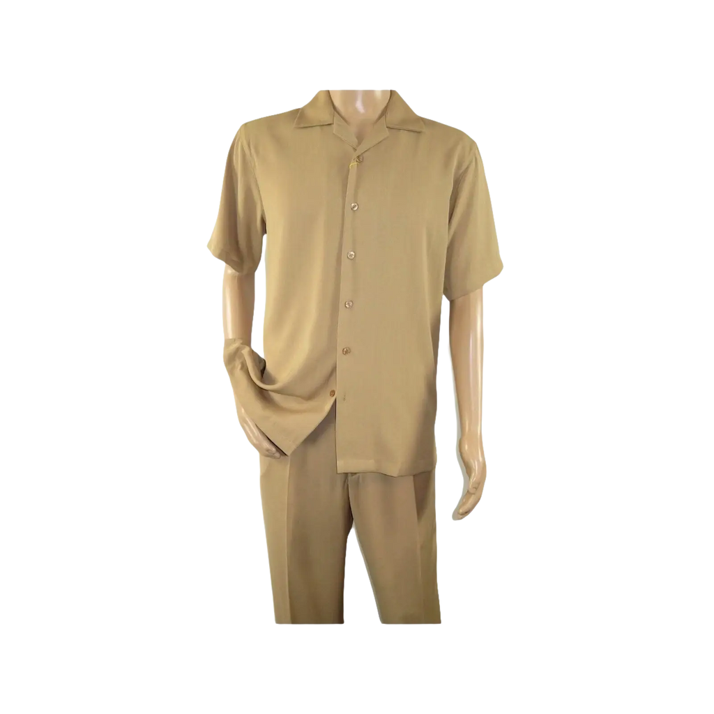 Mens INSERCH 2pc Walking Leisure Suit Shirt Pants Set Short Sleeves 9356 Khaki - J.Valintin Men's Wear Legend - 94120