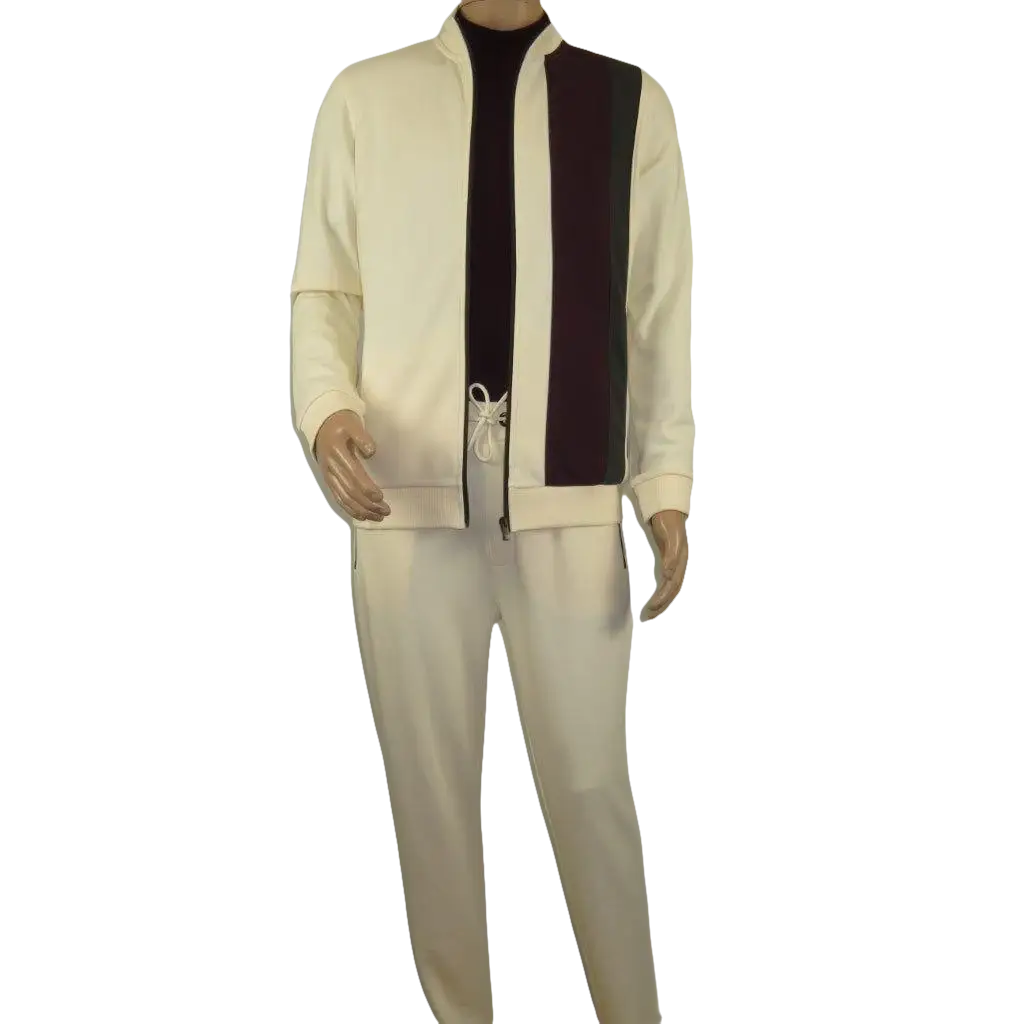 Men's Monte Carlo Turkey Jogging Suit 2pc Jump Set Stretchable 95061 Ivory Wine - J.Valintin Men's Wear Legend - 95061 - Ivory Wine - M